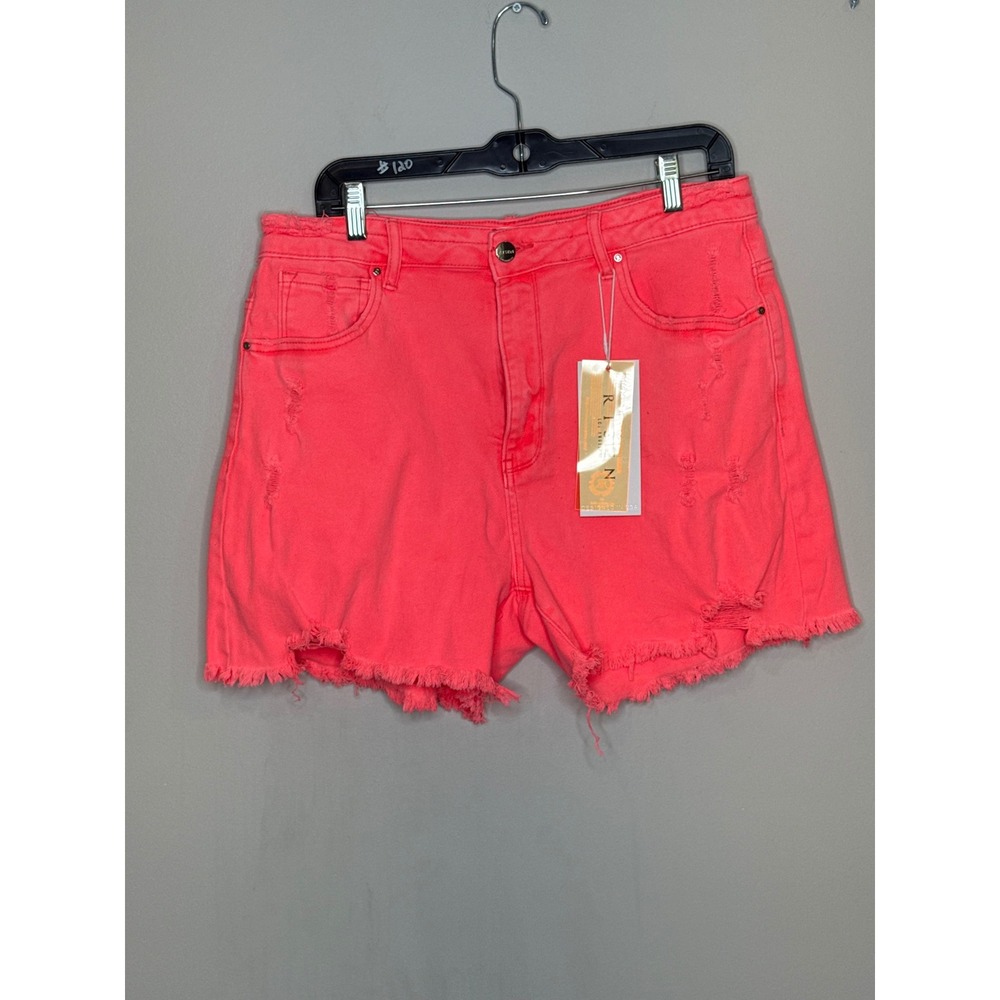 Risen Los Angeles Distressed Denim Shorts Coral Pink High Rise 1XL RDS6099X NWT